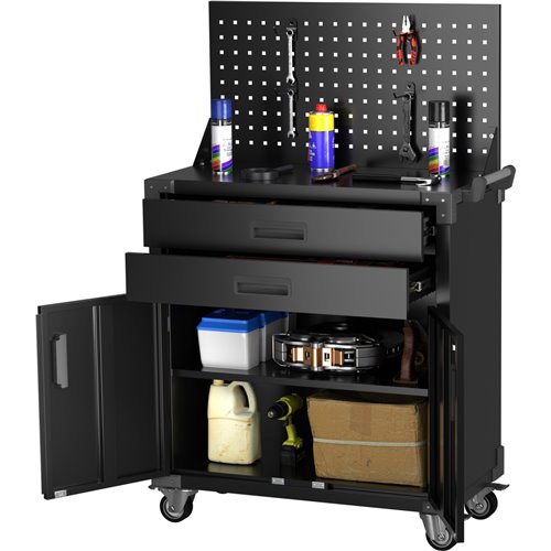 Professional Mobile Black 2 Door 2 Drawer Pegboard Steel Tool Cabinet 800x420x1320mm | Stalwart DA-SART224