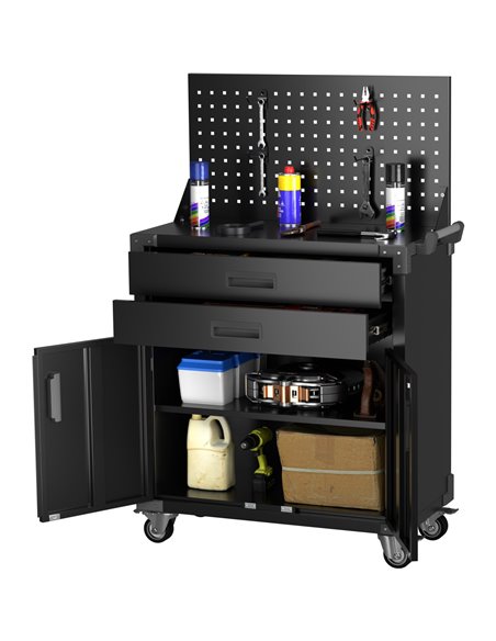 Professional Mobile Black 2 Door 2 Drawer Pegboard Steel Tool Cabinet 800x420x1320mm | Stalwart DA-SART224