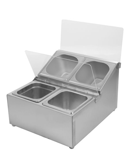 Commercial Condiment Holder including 4xGN1/6-100mm pans &amp fliptop lids | Stalwart DA-CHRLF04B1