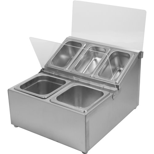 Commercial Condiment Holder including 2xGN1/6-100mm &amp 3xGN1/9-100mm pans &amp fliptop lids | Stalwart DA-CHRLF04B2