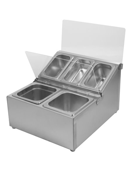 Commercial Condiment Holder including 2xGN1/6-100mm &amp 3xGN1/9-100mm pans &amp fliptop lids | Stalwart DA-CHRLF04B2