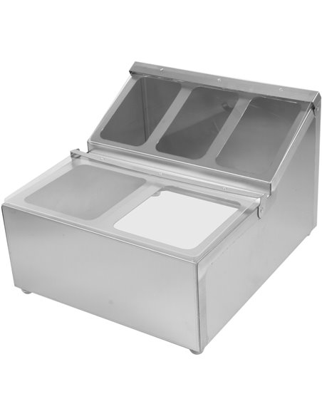 Commercial Condiment Holder including 2xGN1/6-100mm &amp 3xGN1/9-100mm pans &amp fliptop lids | Stalwart DA-CHRLF04B2
