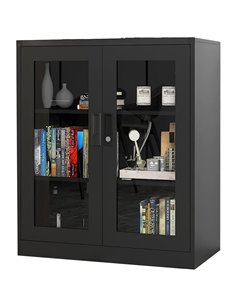 Commercial Metal Black Storage Cabinet with Glass doors 900x400x900mm | Stalwart DA-MYOC03BLACK