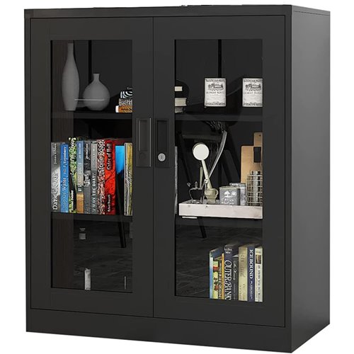 Commercial Metal Black Storage Cabinet with Glass doors 900x400x900mm | Stalwart DA-MYOC03BLACK
