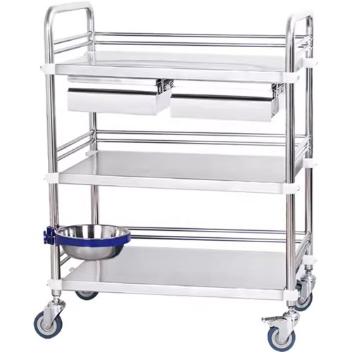 Professional 3 Tier Medical Trolley 2 Drawers Stainless Steel 600x400x860mm | Stalwart DA-WHSS3T6040D2