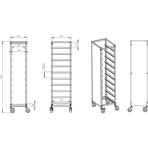 10 tier Rack/Tray/Pan Trolley for width 310-350mm Covered sides Stainless Steel  | Stalwart DA-PT10P