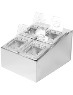Commercial Condiment Holder including 4xGN1/6-100mm pans &amp fliptop lids | Stalwart DA-CHD04BPCFL