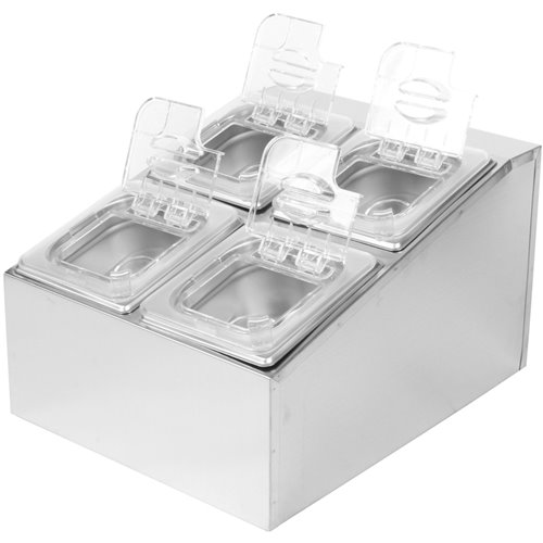 Commercial Condiment Holder including 4xGN1/6-100mm pans &amp fliptop lids | Stalwart DA-CHD04BPCFL