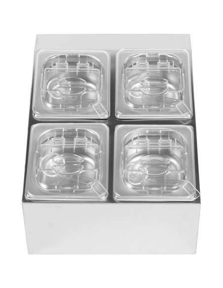 Commercial Condiment Holder including 4xGN1/6-100mm pans &amp fliptop lids | Stalwart DA-CHD04BPCFL