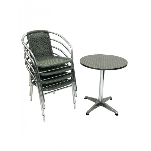 Round Aluminium Table & 4 Grey Rattan...