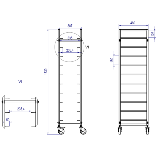10 tier Rack/Tray/Pan Trolley for width 240-335 mm Stainless Steel  | Stalwart DA-PT10