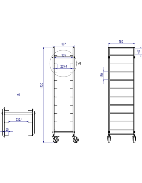 10 tier Rack/Tray/Pan Trolley for width 240-335 mm Stainless Steel  | Stalwart DA-PT10