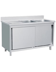 Commercial Sink with Cupboard Stainless Steel 2 Bowls Right Splashback 1800x700x950mm | Stalwart DA-VSC187RBT