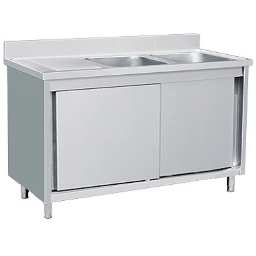 Commercial Sink with Cupboard Stainless Steel 2 Bowls Right Splashback 1800x700x950mm | Stalwart DA-VSC187RBT