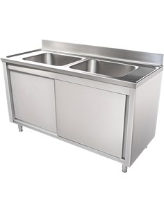 Commercial Sink with Cupboard Stainless Steel 2 Bowls Centre Splashback 1400x700x950mm | Stalwart DA-VSC147BT