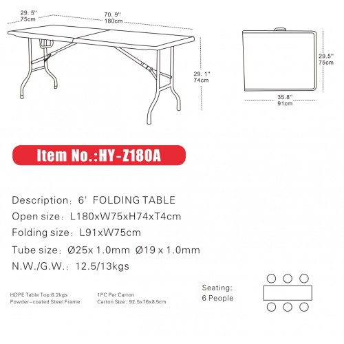 6ft Folding Plastic Table