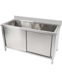 Commercial Pot Wash Sink Stainless Steel 1 Bowl Splashback 2 Doors 1500x600x850+100mm | Stalwart DA-PSD150602D