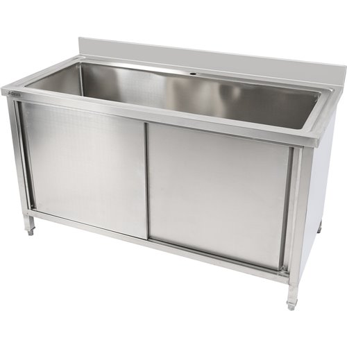 Commercial Pot Wash Sink Stainless Steel 1 Bowl Splashback 2 Doors 1500x600x850+100mm | Stalwart DA-PSD150602D