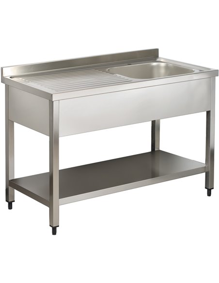 Commercial Stainless Steel Right-Hand Sink with Shelf and Splashback 1400mm Width 600mm Depth | Adexa VS146RBS