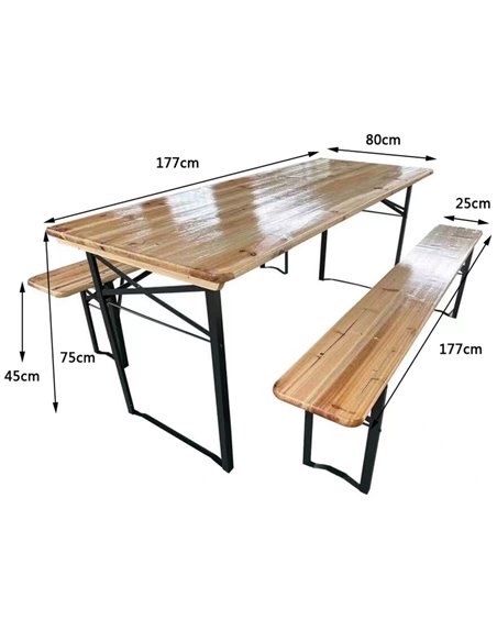 Three Piece Foldable Beer Table and Bench Set, Wooden Outdoor Garden Furniture 1800x800x770mm | Adexa NFWU241018080 