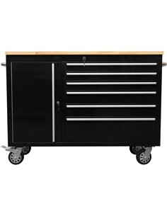 Heavy Duty Steel Rolling Tool Chest with Wooden Worktop 6 Drawers 1 Side Cabinet 1355x482x880mm Black | Stalwart DA-482038ABLACK
