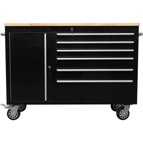 Heavy Duty Steel Rolling Tool Chest with Wooden Worktop 6 Drawers 1 Side Cabinet 1355x482x880mm Black | Stalwart DA-482038ABLACK