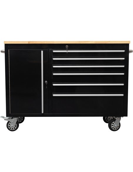 Heavy Duty Steel Rolling Tool Chest with Wooden Worktop 6 Drawers 1 Side Cabinet 1355x482x880mm Black | Stalwart DA-482038ABLACK
