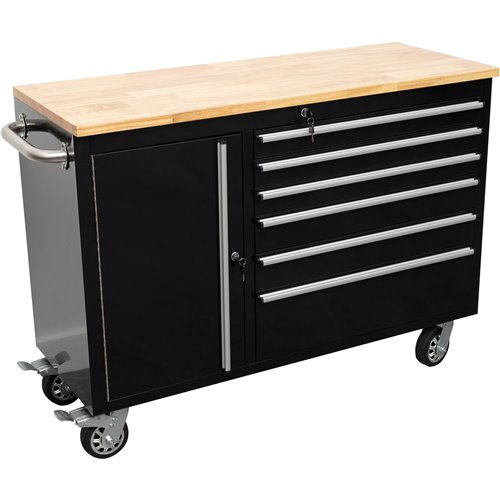 Heavy Duty Steel Rolling Tool Chest with Wooden Worktop 6 Drawers 1 Side Cabinet 1355x482x880mm Black | Stalwart DA-482038ABLACK