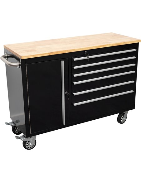 Heavy Duty Steel Rolling Tool Chest with Wooden Worktop 6 Drawers 1 Side Cabinet 1355x482x880mm Black | Stalwart DA-482038ABLACK