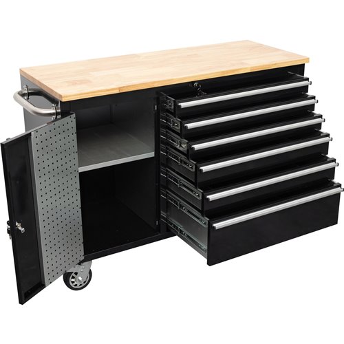 Heavy Duty Steel Rolling Tool Chest with Wooden Worktop 6 Drawers 1 Side Cabinet 1355x482x880mm Black | Stalwart DA-482038ABLACK