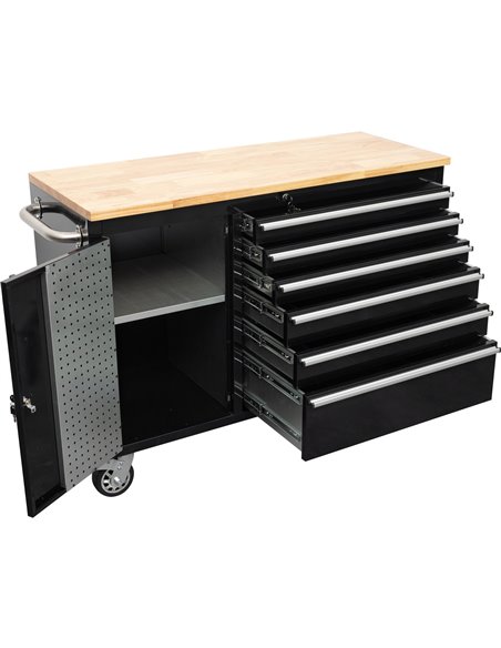 Heavy Duty Steel Rolling Tool Chest with Wooden Worktop 6 Drawers 1 Side Cabinet 1355x482x880mm Black | Stalwart DA-482038ABLACK
