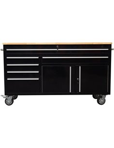 Heavy Duty Steel Rolling Tool Chest with Wooden Worktop 6 Drawers 1 Double-Door Side Cabinet 1644x482x904mm Black | Stalwart DA-