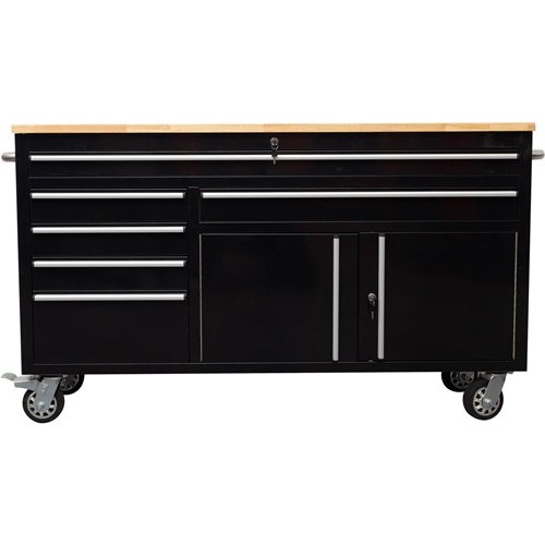 Heavy Duty Steel Rolling Tool Chest with Wooden Worktop 6 Drawers 1 Double-Door Side Cabinet 1644x482x904mm Black | Stalwart DA-