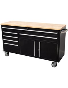Heavy Duty Steel Rolling Tool Chest with Wooden Worktop 6 Drawers 1 Double-Door Side Cabinet 1644x482x904mm Black | Stalwart DA- 2