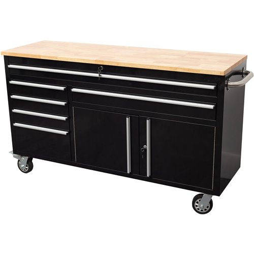 Heavy Duty Steel Rolling Tool Chest with Wooden Worktop 6 Drawers 1 Double-Door Side Cabinet 1644x482x904mm Black | Stalwart DA-