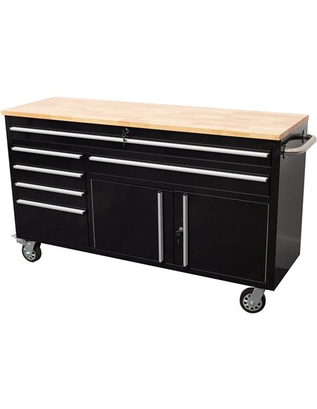 Heavy Duty Steel Rolling Tool Chest with Wooden Worktop 6 Drawers 1 Double-Door Side Cabinet 1644x482x904mm Black | Stalwart DA-