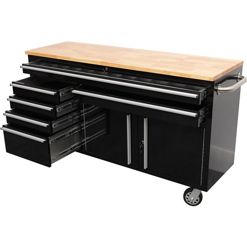 Heavy Duty Steel Rolling Tool Chest with Wooden Worktop 6 Drawers 1 Double-Door Side Cabinet 1644x482x904mm Black | Stalwart DA-