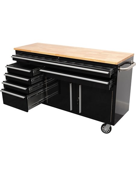 Heavy Duty Steel Rolling Tool Chest with Wooden Worktop 6 Drawers 1 Double-Door Side Cabinet 1644x482x904mm Black | Stalwart DA-