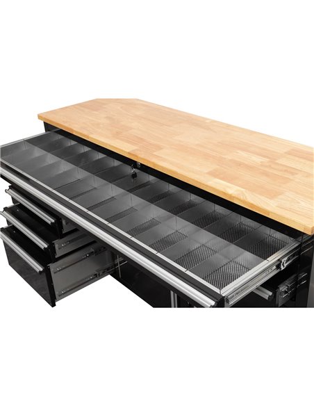 Heavy Duty Steel Rolling Tool Chest with Wooden Worktop 6 Drawers 1 Double-Door Side Cabinet 1644x482x904mm Black | Stalwart DA-