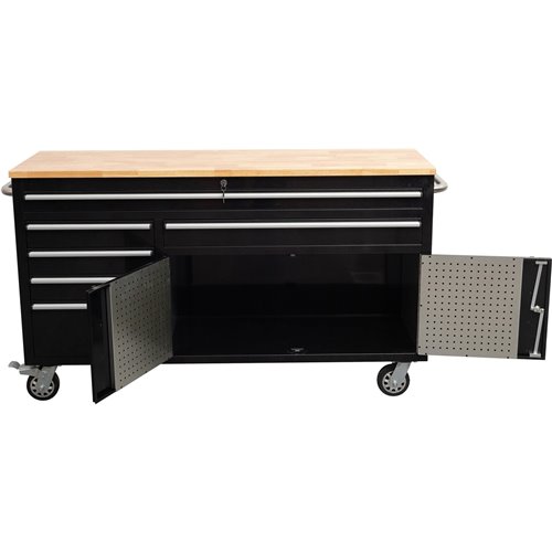 Heavy Duty Steel Rolling Tool Chest with Wooden Worktop 6 Drawers 1 Double-Door Side Cabinet 1644x482x904mm Black | Stalwart DA-