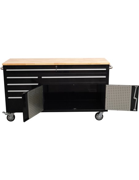 Heavy Duty Steel Rolling Tool Chest with Wooden Worktop 6 Drawers 1 Double-Door Side Cabinet 1644x482x904mm Black | Stalwart DA-