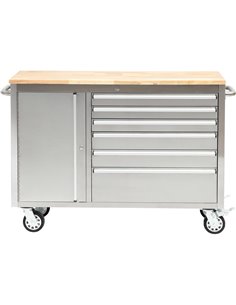 Heavy Duty Steel Rolling Tool Chest with Wooden Worktop 6 Drawers 1 Side Cabinet 1370x488x913mm Stainless Steel | Stalwart DA-48