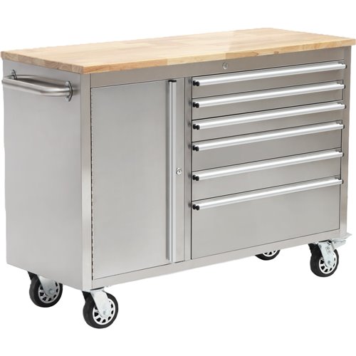 Heavy Duty Steel Rolling Tool Chest with Wooden Worktop 6 Drawers 1 Side Cabinet 1370x488x913mm Stainless Steel | Stalwart DA-48