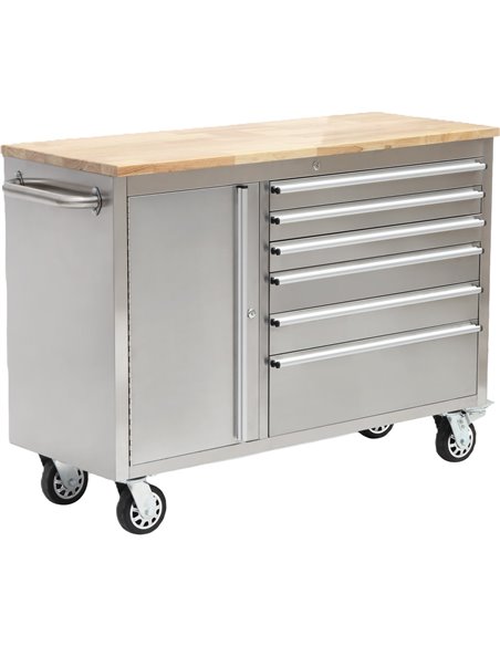 Heavy Duty Steel Rolling Tool Chest with Wooden Worktop 6 Drawers 1 Side Cabinet 1370x488x913mm Stainless Steel | Stalwart DA-48