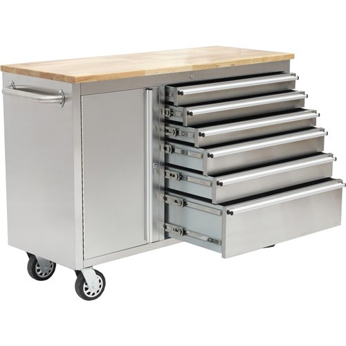 Heavy Duty Steel Rolling Tool Chest with Wooden Worktop 6 Drawers 1 Side Cabinet 1370x488x913mm Stainless Steel | Stalwart DA-48