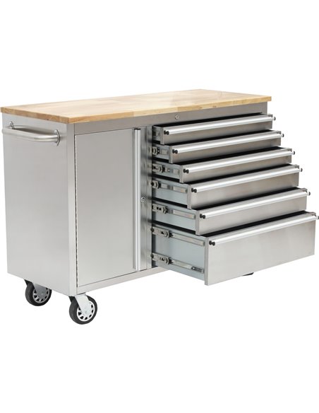 Heavy Duty Steel Rolling Tool Chest with Wooden Worktop 6 Drawers 1 Side Cabinet 1370x488x913mm Stainless Steel | Stalwart DA-48