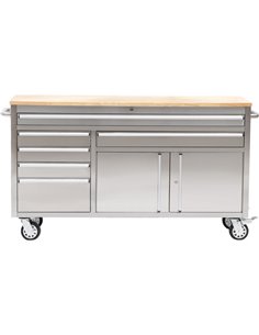 Heavy Duty Steel Rolling Tool Chest with Wooden Worktop 6 Drawers 1 Double-Door Side Cabinet 1674x489x907mm Stainless Steel | St