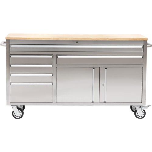 Heavy Duty Steel Rolling Tool Chest with Wooden Worktop 6 Drawers 1 Double-Door Side Cabinet 1674x489x907mm Stainless Steel | St