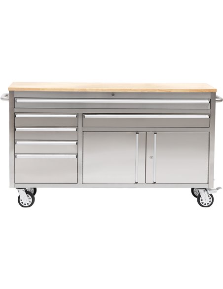 Heavy Duty Steel Rolling Tool Chest with Wooden Worktop 6 Drawers 1 Double-Door Side Cabinet 1674x489x907mm Stainless Steel | St