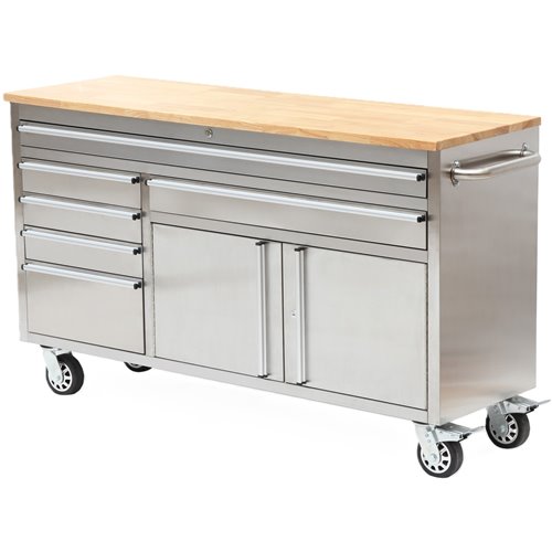 Heavy Duty Steel Rolling Tool Chest with Wooden Worktop 6 Drawers 1 Double-Door Side Cabinet 1674x489x907mm Stainless Steel | St